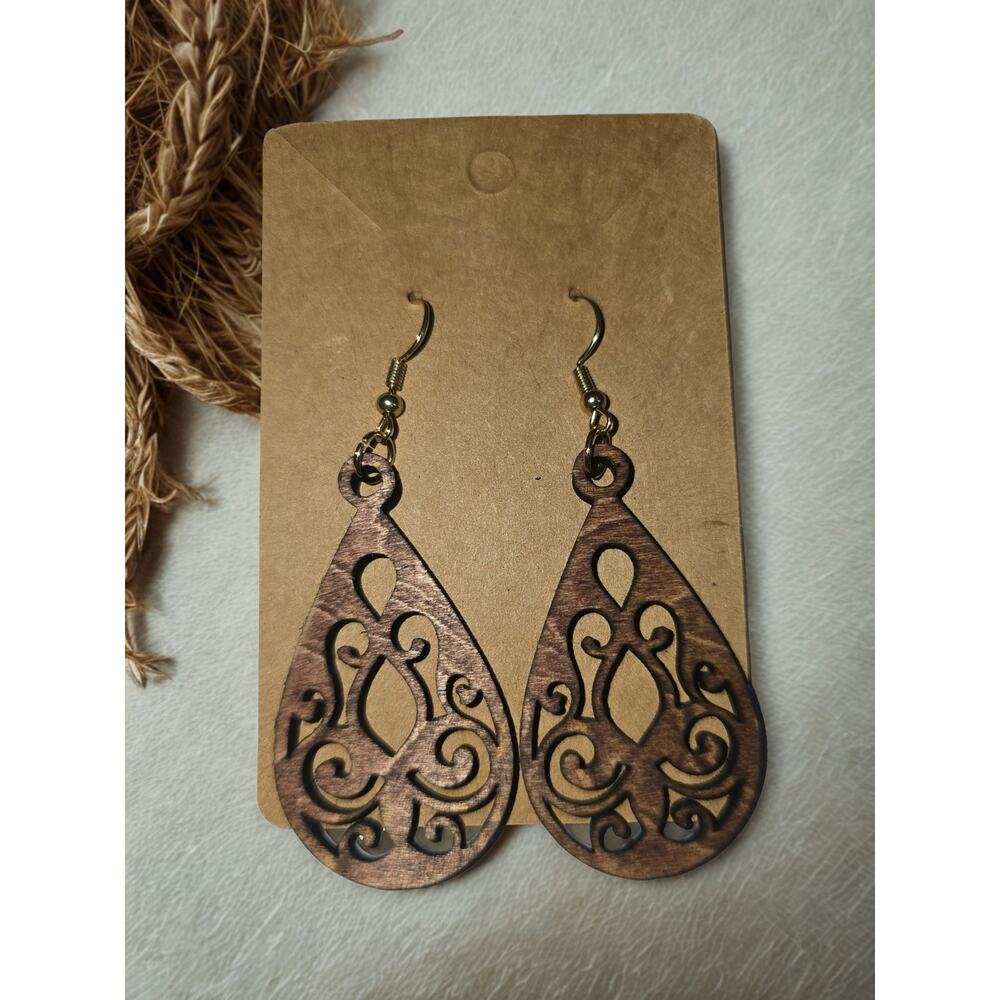 Wooden Laser cut earrings handmade lightweight brown stained leaf